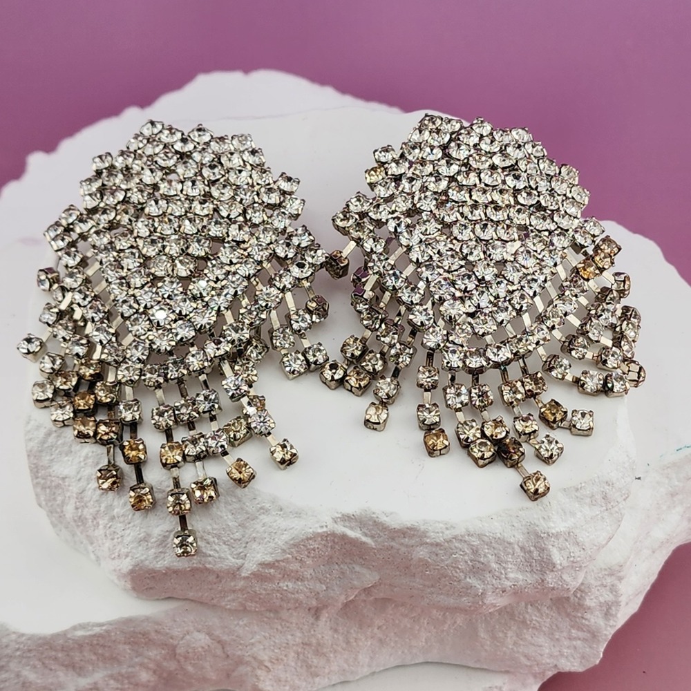 Clear Rhinestone Chandelier Earrings Silver Tone Fringe Statement Pierced Posts